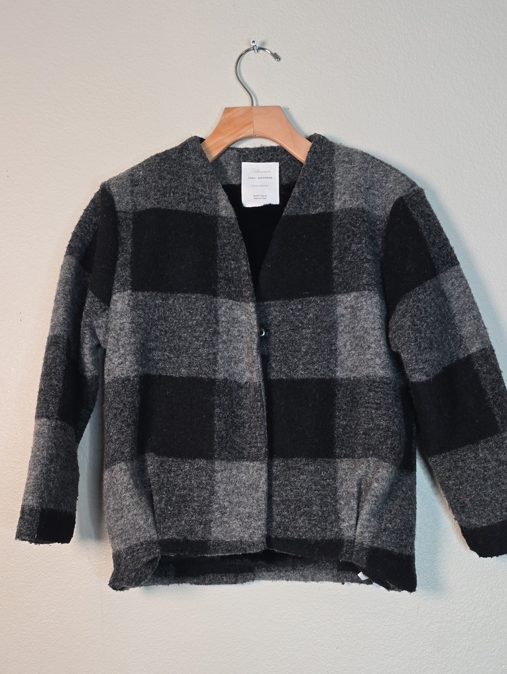 Zara Knitwear Cozy Gray & Black Check Wool Blend Jacket Siz 9